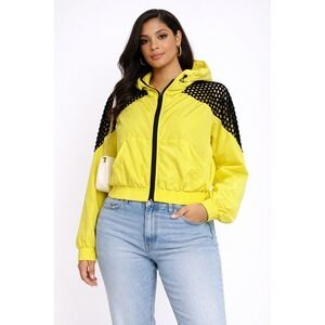Urban‎ Nation Neon Yellow Black Mesh Sleeve Hooded Crop Windbreaker Jacket S